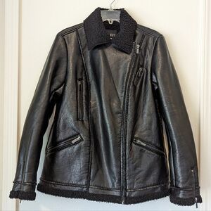 KUT from the Kloth Black Faux Leather Sherpa Lining Moto Jacket Women's Size L